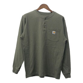 Carhartt カーハート ヘンリーネック ポケット 長袖Tシャツ ワンポイントロゴ カーキ (メンズ M) 中古 古着 Q2184