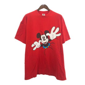 90年代 USA製 Disney ディズニー MICKY&CO 青パン ミッキー 半袖Tシャツ アニメT キャラクター レッド(メンズ ONE SIZE) 中古 古着 Q6228