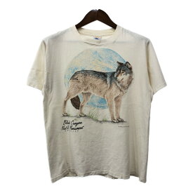 90年代 USA製 CAL CRU アニマルプリント オオカミ 半袖Tシャツ アイボリー (メンズ L) 中古 古着 Q7288