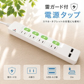 【台数限定特価】OAタップ 電源タップ 4口 延長コード 2m USB2ポート 個別スイッチ 雷ガード ブレーカー付き ホコリシャッター PSE認証 JT-TR2M4U2