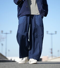 FACTORY ミリタリーポケットパンツ レディース 綿麻デニム リネン ネイビー 硫化染め 近江晒 Cotton linen denim military pants ファクトリー P-02【送料無料】