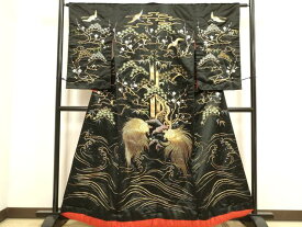 平和屋本店●色打掛　お引きずり　和装　婚礼　結婚式　花嫁　神社挙式　駒刺繍　飛鶴　蓑亀　松竹梅　黒地　逸品　DABH4921du