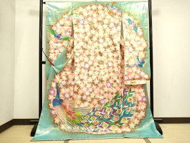 平和屋本店●お引きずり・お引き摺り・引き振袖　和装　結婚式　舞妓　芸妓　芸者　衣装　駒刺繍　孔雀桜文　金彩　逸品　DABH4924du