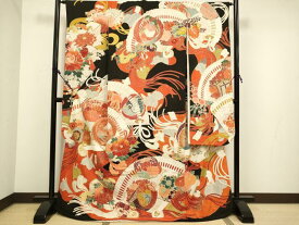 平和屋本店●アンティーク 大正ロマン お引きずり・お引き摺り・引き振袖 和装 衣装 駒刺繍 檜扇吉祥花鳥文 黒地 金彩 逸品 DAAX8001du