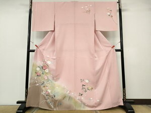C79 ちどり屋 着物 訪問着 袷 花 扇 ピンク H.L（アッシュ・エル 