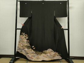 平和屋着物■豪華黒留袖　駒刺繍　飛鶴風景文　金彩　正絹　逸品　CABD0936ze