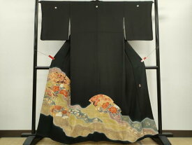 平和屋着物■豪華黒留袖　作家物　駒刺繍　地紙重ね枝花文　金銀彩　正絹　逸品　CABD0945ze