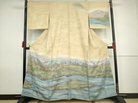 平和屋着物●京友禅作家　黒島敏　訪問着　手描き　風景文　正絹　逸品　AABK1741cs