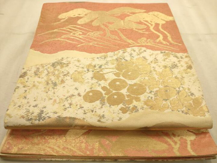 A 服部織物 白鳥緞子 ちたや帯 菊花模様 金銀糸 六通 正絹