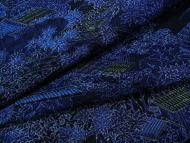 平和屋川間店■上質な小紋　藍　型染め　渡橋風景草花文　逸品　vf4293