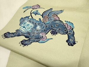 平和屋本店■最高級 城間栄順 本場琉球紅型 九寸名古屋帯 唐獅子 鬼しぼ縮緬 蒸栗色 正絹 逸品 KAAA1562kk4