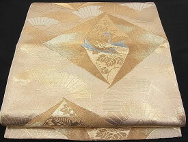 平和屋着物■六通柄袋帯　向かい鶴扇花文　金糸　逸品　n-pk1834