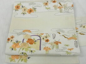 平和屋2■アンティーク　大正ロマン　九寸名古屋帯　総刺繍　雲取り吉祥花文　金銀糸　逸品　ea2759