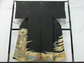 平和屋2■アンティーク　大正ロマン　黒留袖　刺繍　御所車吉祥花文　金彩　散歩着　逸品　ox5664