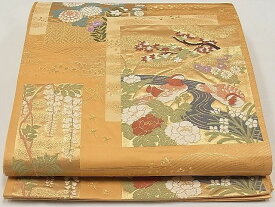 平和屋1◎六通柄袋帯　唐織　色紙花鳥文　金糸　逸品　CAAB7016ca