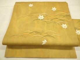 平和屋着物＊夏物　九寸名古屋帯　総刺繍　草葉文　金糸　正絹　逸品　DAAT7190cm