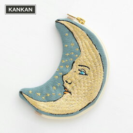 ポーチ　ムーン刺繍ポーチ　KANKAN　ネコポス対応 　　　小物入れ コスメ アクセサリー レディース 刺繍 ムーン 月型 MOON ダイカット コズミック 個性的 かわいい ファスナー開閉 インド製 かわいい おしゃれ ギフト