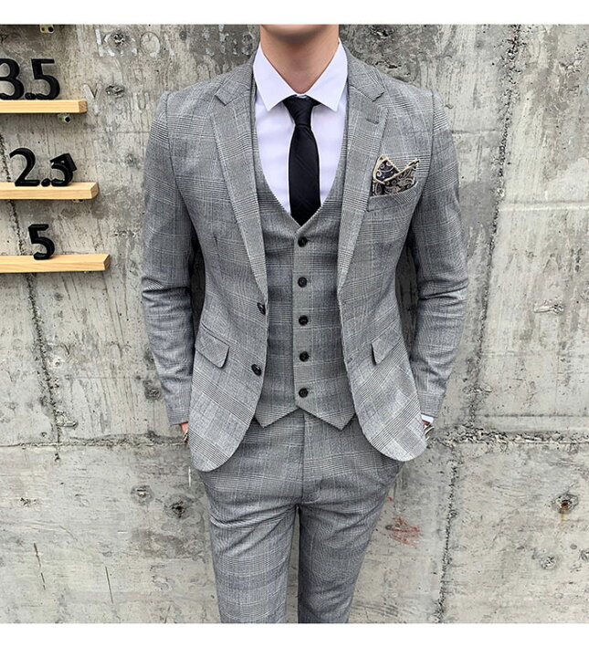 楽天市場 22年新作 成人式 スーツ メンズ ビジネススーツ 二つボタン チェック柄 お洒落な細身スーツ ビジネススーツ スリムスーツ 3ピース スーツ ベスト付き 3ピーススーツ スタイリッシュスーツ メンズスーツ 3点セット 卒業式 パーティ 送料無料 ハローシティー