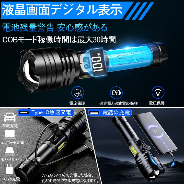 楽天市場】【送料無料】懐中電灯 led【2024新登場 COB作業灯 液晶画面 