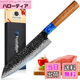KyushuBlade 包丁 剣型（切付型）牛刀包丁 ダマスカス包丁 刃渡り210mm. プロ用三徳包丁, キッチン用万能包丁. 手打ち鍛造シェフナイフ, 槌目 ダマスカス模様 両刃包丁 左利き用, 錆びにくい67層の高炭素ステンレス鋼 料理包丁. 人間工学に基づいた八角形のローズウッド