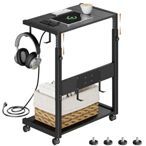 【送料無料】EKNITEY サイドテーブル キャスター付きソファーテーブル pcワゴン コンセント付き高さ調整 多機能パソコンワゴン 幅49cm×奥行30cm×高さ59-72cm 木製 ブラック