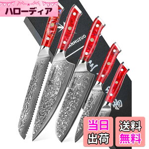 �y���������zSANMUZUO Chef Cooking Knives Set- Kitchen Knife Set of 5 Piece - Ultra-Sharp VG10 Damascus Steel & Resin Handle - Xuan Series (Sunset Red)