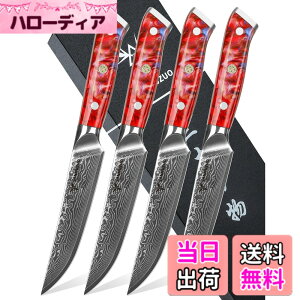 �y���������zSANMUZUO Steak Knives Set of 4, Ultra Sharp Non Serrated Kitchen Steak Knife 5 Inch - Damascus Steel & Resin Handle - Xuan Series (Sunset Red)