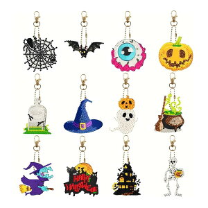 【送料無料】ダイヤモンドアートキーホルダー 12 個 ハロウィンテーマの装飾 ダイヤモンドペインティングキット キーホルダー コースター チャーム DIY クラフト用品 装飾グリッターチャー