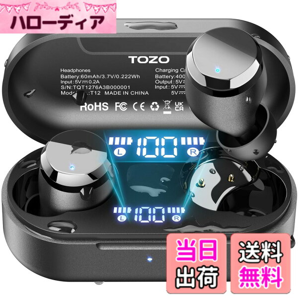 【送料無料】TOZO Tones Dots（T12） ワイヤレスイヤホン 極上の音体験 迫力かつ繊細な音 LEDディスプレイ電池残量表示 防水性能 ENCノイズキャンセリング カスタムEQ 専用アプリ対応 タッチ制御 最大約55時間の再生 Bluetooth 自動ペアリング 瞬時接続 急速充電 iOS/An