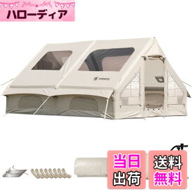 【送料無料】ShinHye エアーテント インフレータブルテント 12平米 4-8人用 ロッジ型 420Dオックスフォード 大きな透明天窓 メッシュ窓 煙突穴付き ファミリーテント 組立簡単 防蚊虫 遮熱 耐火 通気 4シーズン 収納袋・ペ 色：カーキ、サイズ：6~8人用(400x300x200cm)