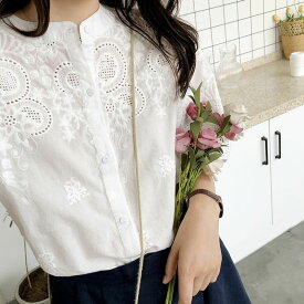 チュニック 刺繍 ブラウス 5分袖 ふんわり袖 ホワイト 大人可愛い レディース ファッション 韓国 オルチャン 20代 30代 5107