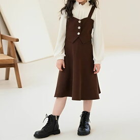 小学生 ワンピース キッズ 女の子 フリルネック ブラウス ドッキング ワンピース 春秋 ワンピース 女の子 カジュアル フォーマル 可愛い 韓国 おしゃれ 16026