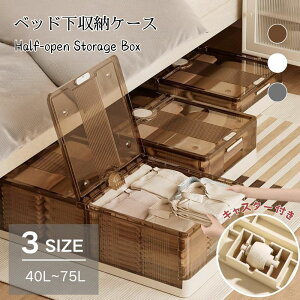 ベッド下収納ボックス 折りたたみ 折畳み 薄型 高さ15cm 25cm キャスター付き フタ付き 透明クリア 大容量40L 75L 収納ケース コンテナ 積み重ね 組立簡単 ソファ下 押入れ収納 衣類 布団 小物 省