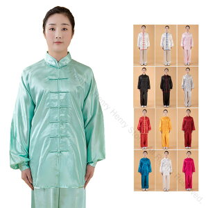 太極拳ウェア 男女兼用 太極拳服 上下セット 全18色 長袖トップス パンツ 長ズボン 練習着 演武用 拳法 武術 朝練 気功 レディース メンズ チャイナボタン 中国風シルク光沢感 表演服 発表会