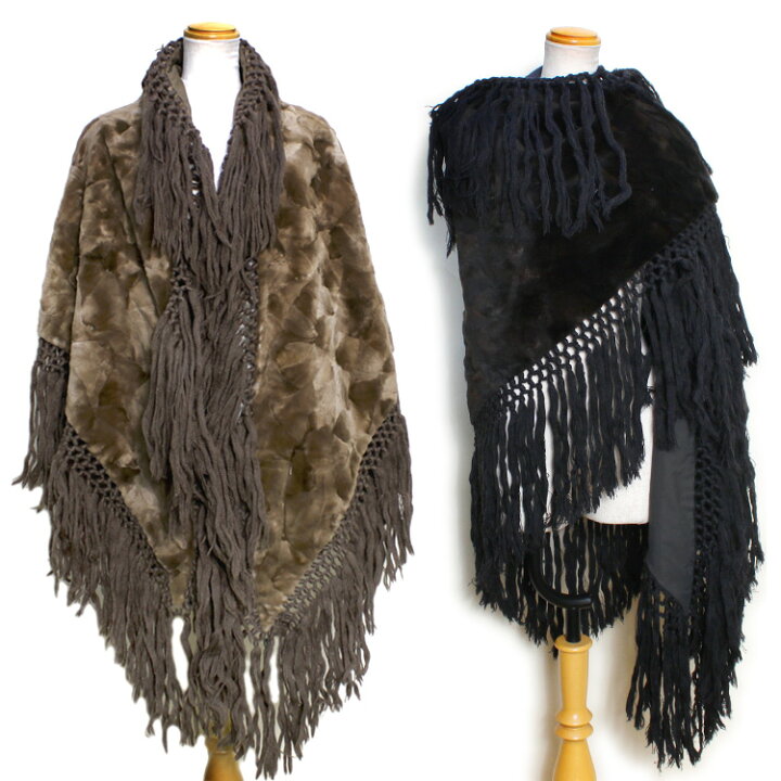 ミンク 大判 ファー ストール フリンジ付 ケープ 三角ストール 