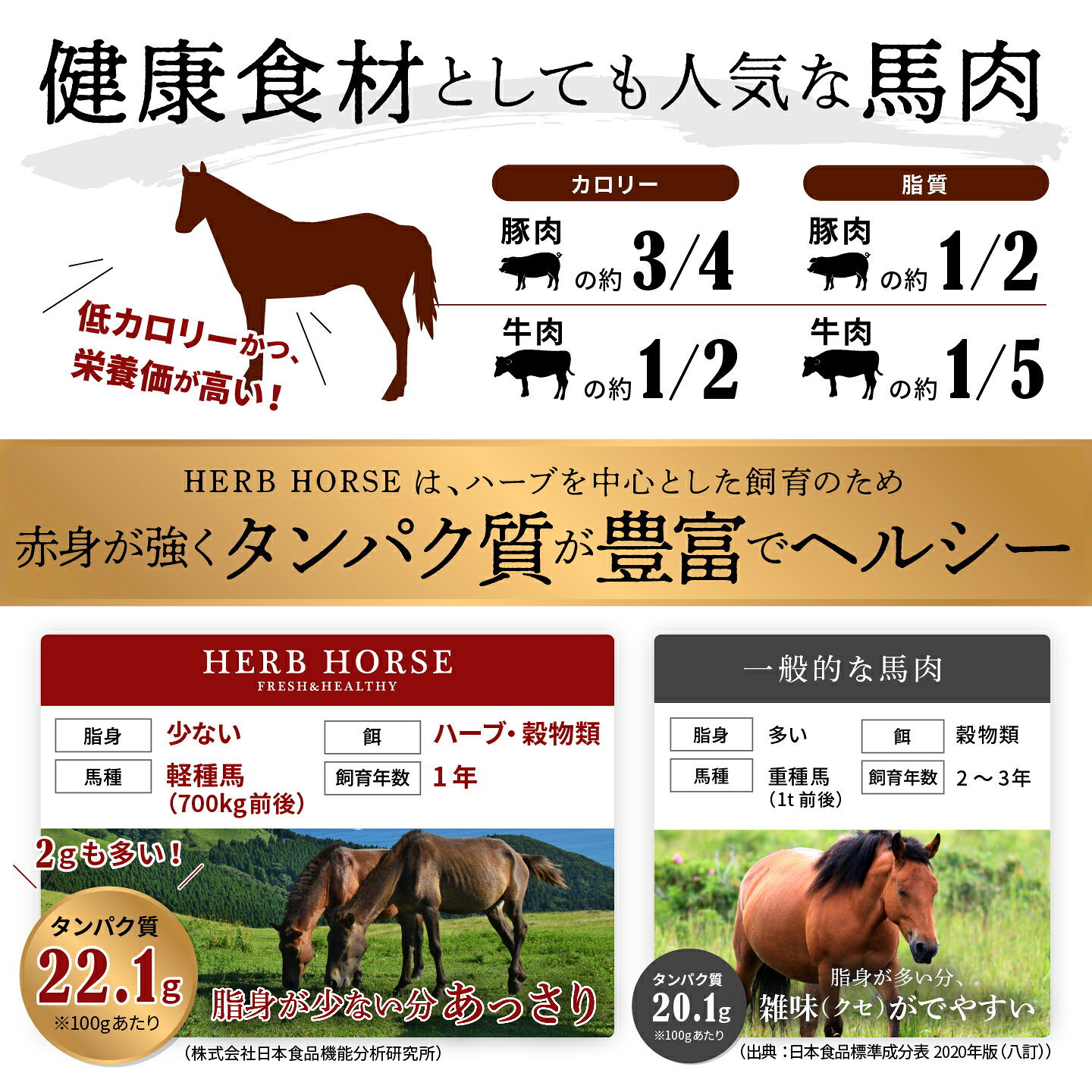健康食材としても人気な馬肉HERBHORSEは、ハーブを中心とした飼育のため赤身が強くタンパク質が豊富でヘルシー/馬刺し/赤身/馬肉