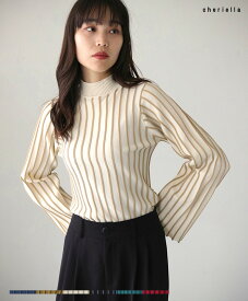 【20%OFF】ストライプ ハイネック ニット トップス ダンボールニット スウェットライクニット スポンディッシュニット レディース 秋冬 春 ベルスリーブ フレアスリーブ おしゃれ バイカラー 配色 モード 大人 カジュアル きれいめ レトロ マシンウォッシャブル