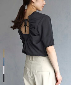 【在庫限り】バックストリング ギャザー デザインTシャツ トップス カットソー Tシャツ レディース 半袖 バックオープン カットアウト 背中開き 肌見せ シンプル おしゃれ きれいめ 大人カジュアル 大人可愛い モード モードカジュアル リボン