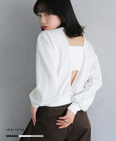【在庫限り】前後2WAY カットジョーゼット バックデザイン プルオーバー トップス カットソー ロンT 長袖Tシャツ レディース 春 カットアウト 肌見せ 背中開き ショート丈 おしゃれ シンプル モード ユニーク きれいめ 上品 大人 大人カジュアル