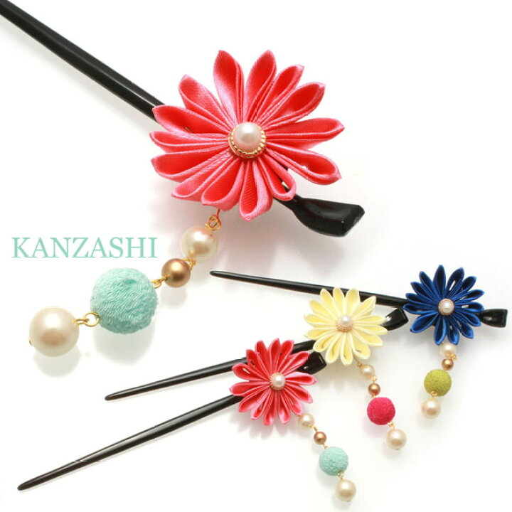 楽天市場 かんざし つまみ細工 ちりめんぽんぽん玉 W16 玉簪 浴衣 和装小物 花火大会 ヘアアクセサリー 子供 大人 アクセサリーのヒロインスタイル