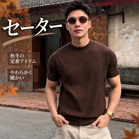 サマーニット メンズ 半袖ニット 接触冷感 Tシャツ クルーネック ニット きれいめ トップス オフィスカジュアル ブラウン 涼しい ひんやり 半袖