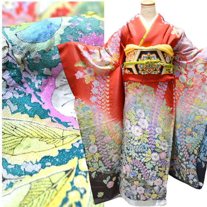 振袖 手描き 京友禅 正絹 ふりそで / 赤 ・ 辻が花 { 振袖 振り袖 成人式 | 浴衣 七五三 和雑貨なら部坂呉服店
