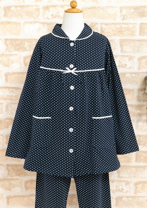 パジャマキッズ女の子長袖春秋肌に優しい綿100%ニット地ドット130cm/140cm/150cm/160cm前開きお泊り学習林間学校修学旅行キッズ・子供用パジャマ【長袖・長パンツ】【春・秋向き商品】