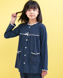 パジャマ キッズ 女児　 肌に優しい綿100％ニット地ドット　長袖　春秋　130cm/140cm/150cm/160cm 前開き お泊り学習　林間学校　修学旅行 キッズ・子供　ナイトウェア　ルームウェア