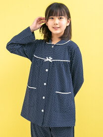 【メール便可】パジャマ キッズ 女の子 長袖 春 秋 肌に優しい綿100％ニット地ドット　130cm/140cm/150cm/160cm 前開き お泊り学習　林間学校　修学旅行 キッズ・子供用パジャマ 【長袖・長パンツ】【春・秋向き商品】