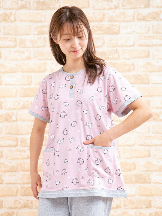 楽天市場 パジャマレディース 夏 半袖 8分丈パンツ かぶり 肌にやさしい綿100 やや薄い天竺ニット地ねこ柄 ナイトウェア ルームウェア 部屋着 Llサイズ あり Sale レディース 部屋着の時間