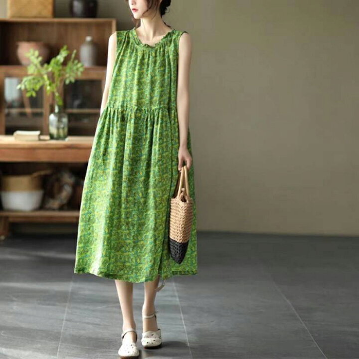 楽天市場 ワンピース 夏 ロングワンピース レディース ロングワンピ タンクワンピース タンクワンピ リゾートワンピ ノースリーブ リゾートワンピース 大人 可愛い ゆったり 着やせ ハワイアン ナチュラル 柔らか 緑 総柄 花柄 Soomoo