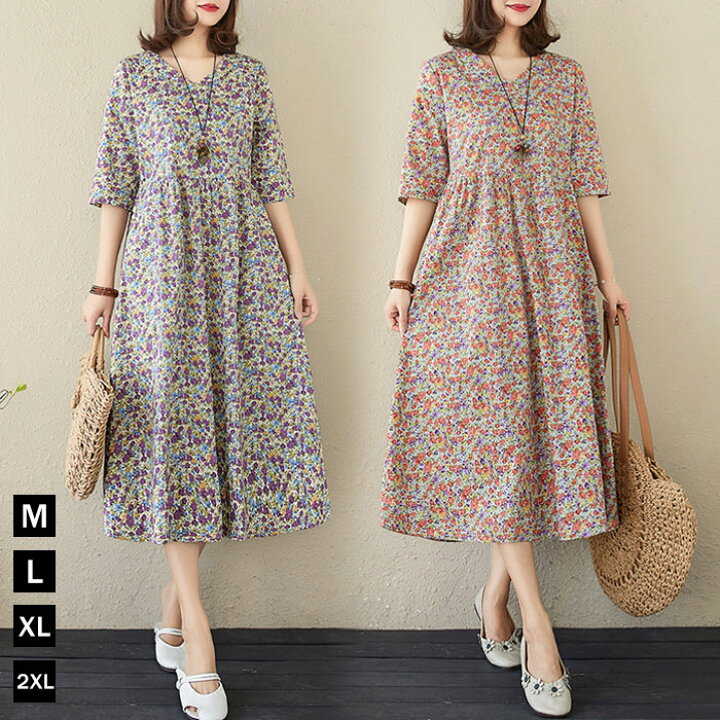 楽天市場 ワンピース ワンピ ロングワンピース 膝下 花柄 半袖 五分袖 ミディアム丈 Vネック ロングワンピ レディース ロング 大きいサイズ シアー 結婚式 パーティー パーティードレス 夏 春 マタ二ティ マタニティワンピース Soomoo