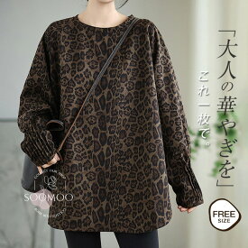 チュニック レディース 秋冬 ロングT カットソー 長袖 ヒョウ柄 トップス ロングTシャツ 大きいサイズ プルオーバー 可愛い キレイめ ゆったり 体型カバー 着痩せ カジュアル ナチュラル 大人可愛い 森ガール 春 秋 冬送料無料