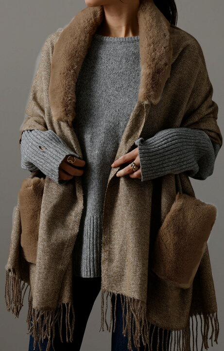 楽天市場】『 ファー ポケット 付き 』 大判 フリンジ ストール 【即納  